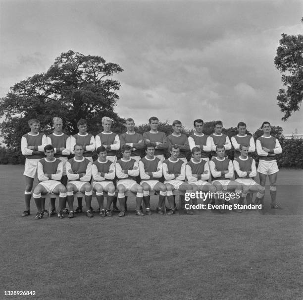 Footballers of League Division One team Arsenal FC at the start of the 1965-66 football season, UK, 29th July 1965. From left to right Billy...