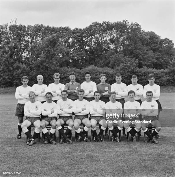 Footballers of League Division One team Tottenham Hotspur FC at the start of the 1965-66 football season, UK, 2nd August 1965. From left to right...