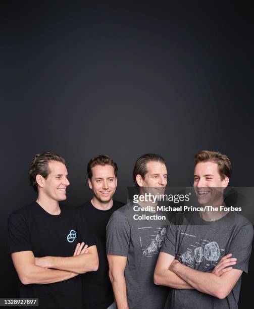 Cameron Winklevoss, Duncan Cock Foster, Tyler Winklevoss and Griffin Cock Foster are photographed for Forbes Magazine on March 11, 2021 in New York,...