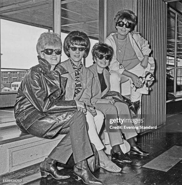 American all-female rock band Goldie And The Gingerbreads at London Airport , UK, 9th August 1965. From left to right, they are drummer Ginger...
