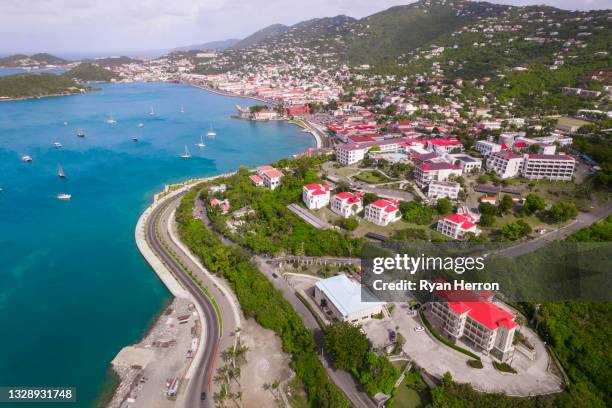 aerial over downtown charlotte amalie, st. thomas - charlotte amalie stock pictures, royalty-free photos & images