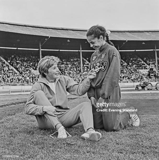 British athletes Mary Rand and Anita Neil during an athletics meeting between England and Czechoslovakia at White City in London, UK, 30th August...