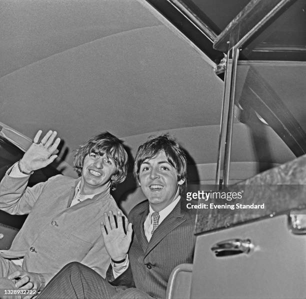 Musicians Ringo Starr and Paul McCartney of English pop group the Beatles at London Airport , UK, 2nd September 1965. They are returning from their...
