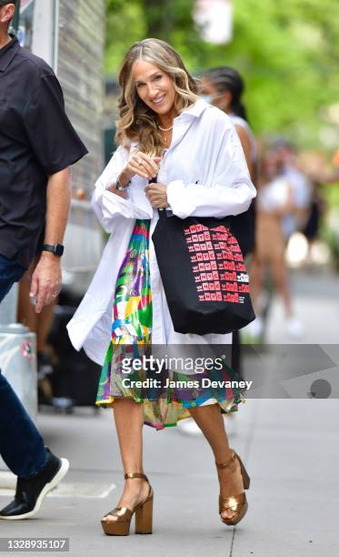 Sarah Jessica Parker is seen on the set of "And Just Like That..." the follow-up series to "Sex and the City" in NoHo on July 15, 2021 in New York...