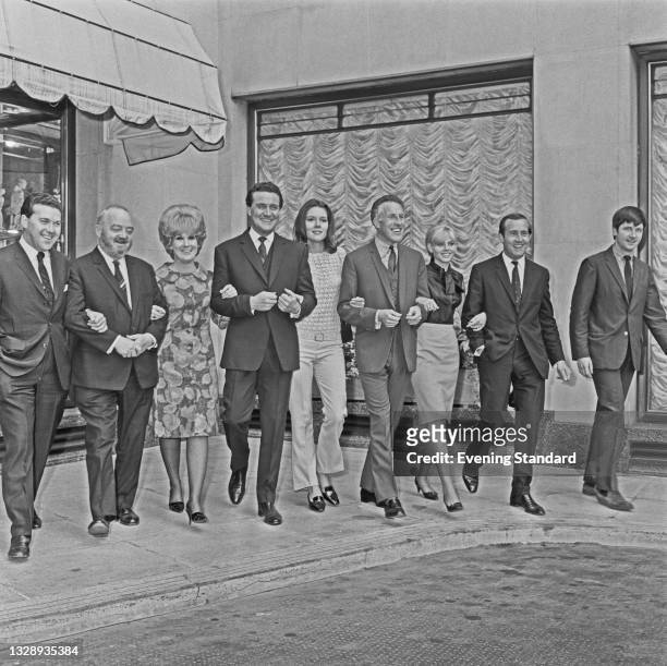 From left to right, sports presenter Dickie Davies, celebrity chef Philip Harben, singer Dusty Springfield, actor Patrick Macnee, actress Diana Rigg,...