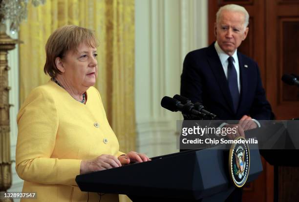 German Chancellor Angela Merkel and U.S. President Joe Biden hold a joint news conference in the East Room of the White House on July 15, 2021 in...