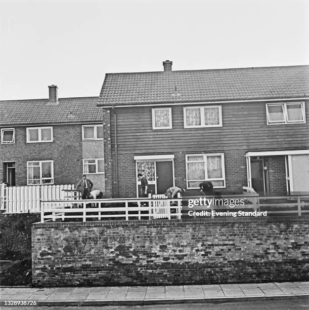 Police searching 16 Wardle Brook Avenue in Hattersley, Greater Manchester, the home of Myra Hindley, UK, 1st November 1965. Two of the children...