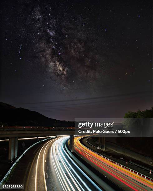 high angle view of light trails on highway at night,roquevaire,france - france idyllic stock pictures, royalty-free photos & images