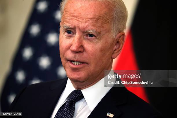 President Joe Biden speaks during a joint news conference with German Chancellor Angela Merkel in the East Room of the White House on July 15, 2021...