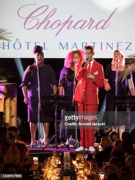 Singer Mika is seen performing during the Chopard dinner at the Martinez Hotel during the 74th annual Cannes Film Festival on July 15, 2021 in...