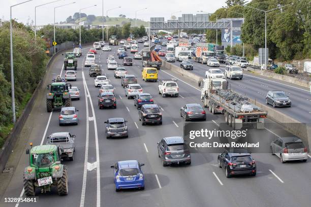 Tractors being driven by farmers and protesters on the motorway into Auckland causing congestion as they express their views on July 16, 2021 in...