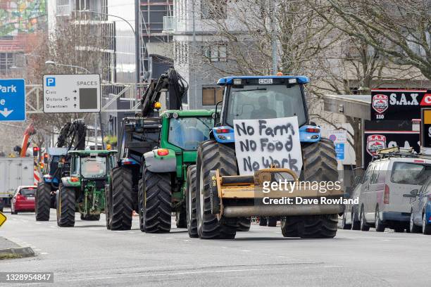 Tractors being driven by farmers and protesters on the motorway into Auckland causing congestion as they express their views on July 16, 2021 in...