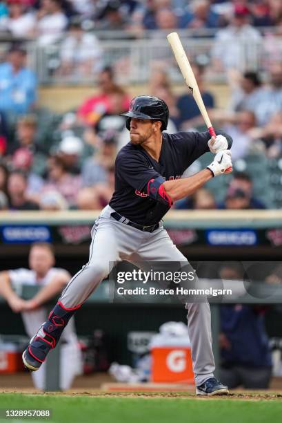 Bradley Zimmer of the Cleveland Indians bats against the Minnesota Twins on June 24, 2021 at Target Field in Minneapolis, Minnesota.