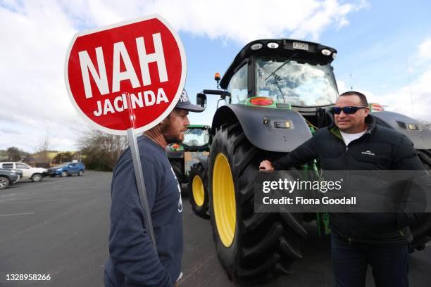 Farmers and tradies gather at Warkworth show grounds to join a southbound protest convoy on July 16, 2021 in Auckland, New Zealand. Farmers and rural...