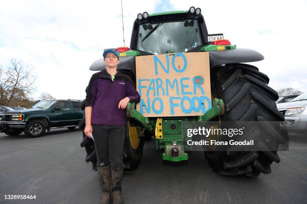 Julia Paddison of matakana joins farmers and tradies in a protest convoy through Warkworth on July 16, 2021 in Auckland, New Zealand. Farmers and...