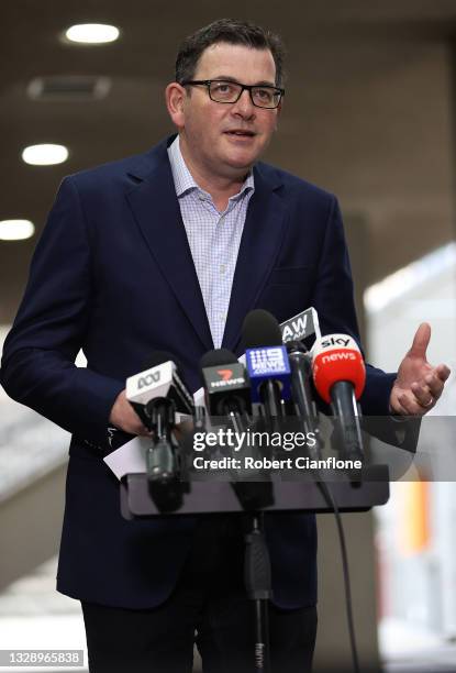 Victorian Premier Daniel Andrews speaks during a press conference on July 16, 2021 in Melbourne, Australia. Lockdown restrictions have come into...