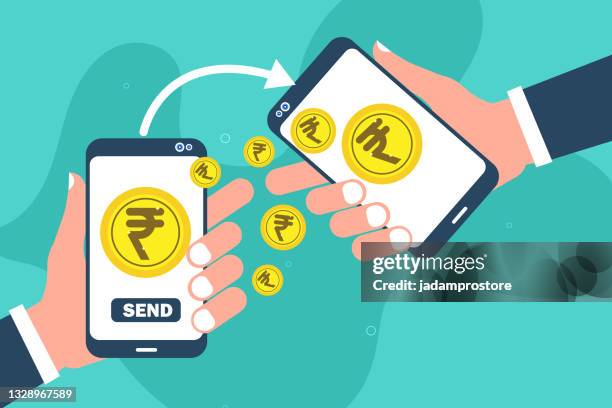 businessman transfer a indian currency by mobile phone - indian market stock illustrations
