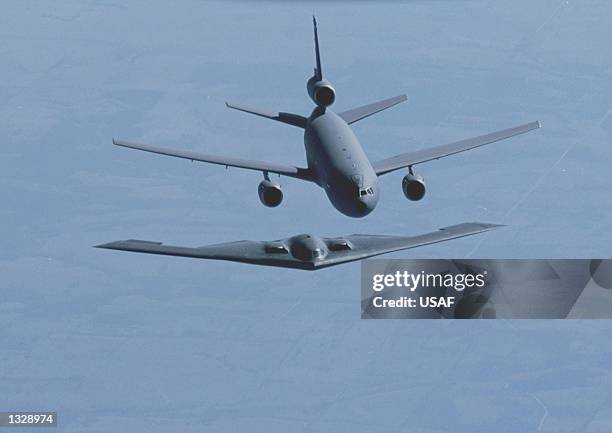 Tanker/cargo aircraft from McGuire Air Force Base, N.J., refuels a B-2 Spirit during a training exercise in this undated Air Force photograph. The...