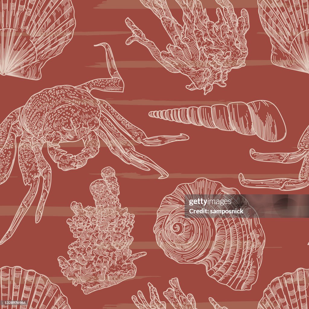 Coastal Nautical Beach Seamless Pattern with Crab, Shells and Coral