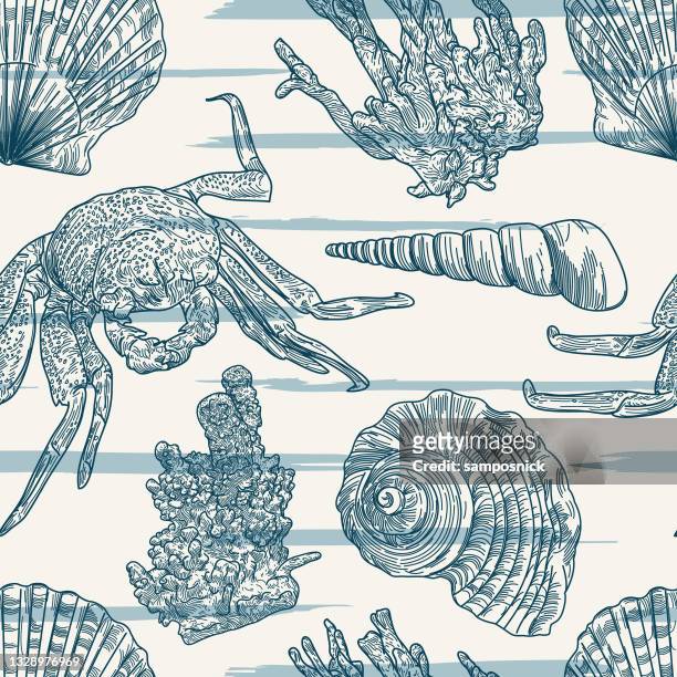 illustrations, cliparts, dessins animés et icônes de motif sans couture de plage nautique côtière avec crabe, coquillages et corail - fond couleur corail