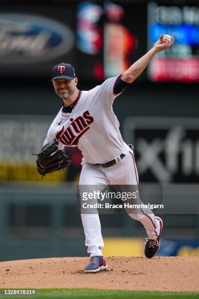 Happ of the Minnesota Twins pitches against the Cleveland Indians on June 27, 2021 at Target Field in Minneapolis, Minnesota.