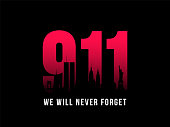 9-11 Patriot Day banner. Black silhouette of New York City Skyline on background of numbers 911. We will never forget. Stock vector illustration.