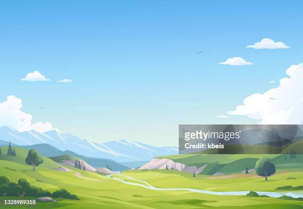 wunderschöne flusslandschaft - panoramic stock-grafiken, -clipart, -cartoons und -symbole