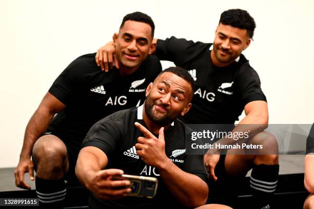 George Bower, Sevu Reece and Richie Mo'unga pose for a photo following a New Zealand All Blacks Captain's Run at FMG Stadium Waikato on July 16, 2021...