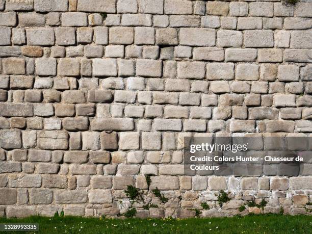 weathered stone wall with lawn and plants in france - castle wall bildbanksfoton och bilder