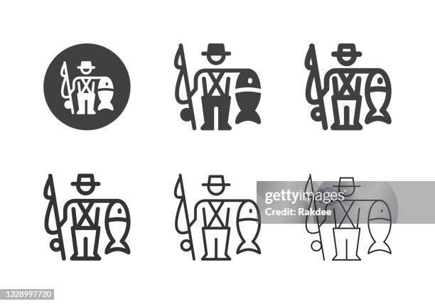 fisherman with fish icons - multi series - fishing line stock illustrations