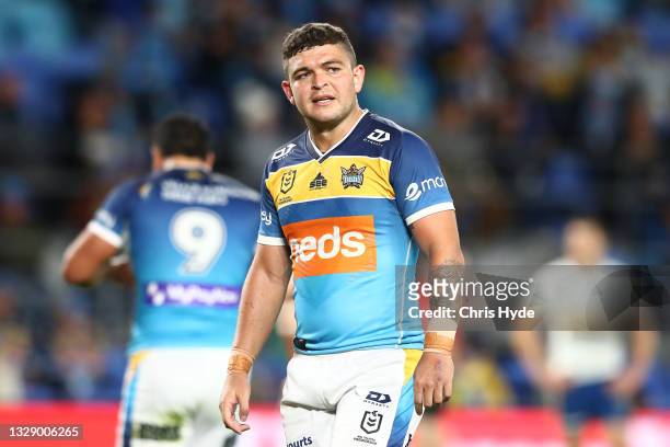Ashley Taylor of the Titans looks on during the round 18 NRL match between the Gold Coast Titans and the Parramatta Eels at Cbus Super Stadium, on...
