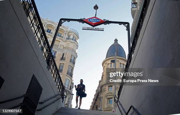 Entrance to the Gran Via metro station on the day of its reopening after almost three years out of service, on 16 July, 2021 in Madrid, Spain. This...