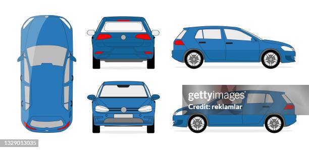 ilustraciones, imágenes clip art, dibujos animados e iconos de stock de coche urbano moderno, vector azul de coches deportivos. modelo de coche con vista lateral, vista trasera y vista delantera. ilustración de estilo plano vectorial. juego de coches cuv compacto. - automoviles