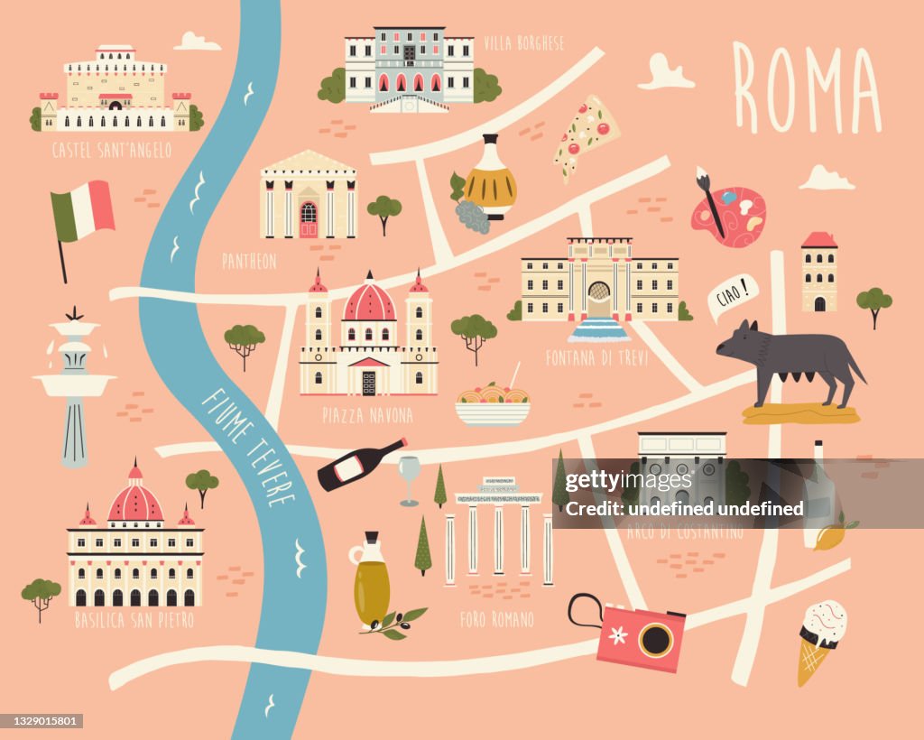 Cartogram Rome Illustrated Map Of Rome With Famous Symbols Landmarks Buildings High ...