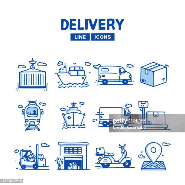 delivery hand drawn line icon set and sketch design - cargo plane loading stock illustrations