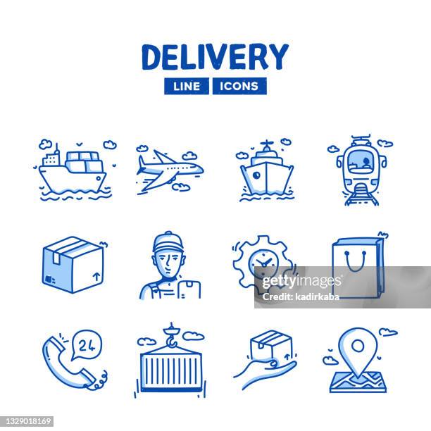 delivery hand drawn line icon set and sketch design - cargo plane loading stock illustrations