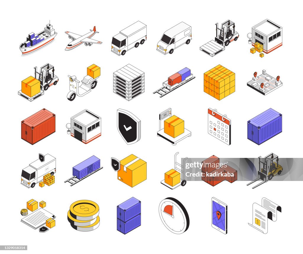 Delivery And Logistics Elements Isometric Icon Set and Three Dimensional Design