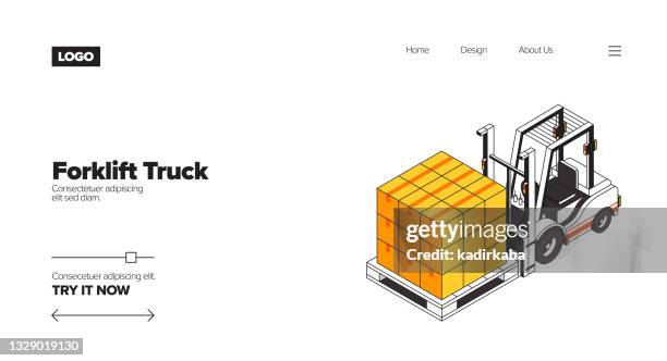 forklift truck concept isometric web banner, three dimensional design for posters, covers and banners - isometric warehouse stock illustrations