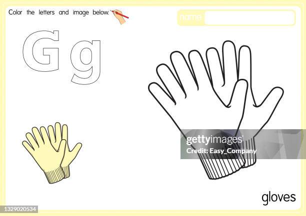 vector illustration of kids alphabet coloring book page with outlined clip art to color. letter g for gloves. - operating gown stock illustrations