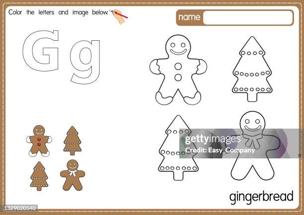 stockillustraties, clipart, cartoons en iconen met vector illustration of kids alphabet coloring book page with outlined clip art to color. letter g for gingerbread. - speculaastaart