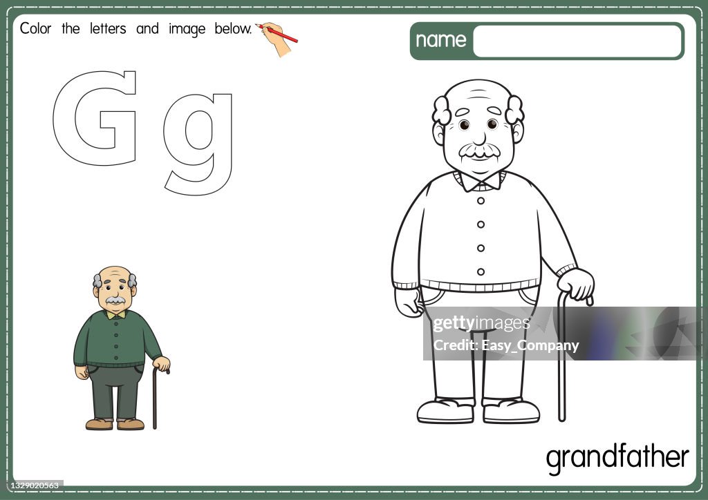 Ilustración vectorial de la página del libro para colorear del alfabeto de los niños con imágenes prediseñadas delineadas para colorear. Letra G para el abuelo.