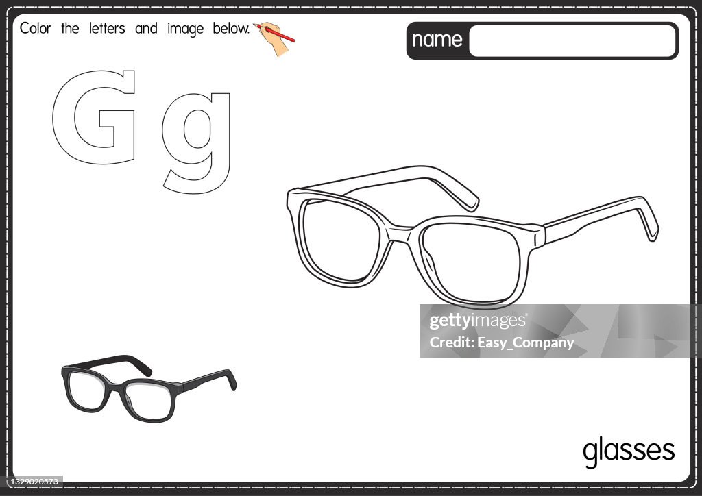 Vector illustration of kids alphabet coloring book page with outlined clip art to color. Letter G for Glasses.