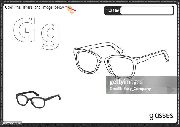 vector illustration of kids alphabet coloring book page with outlined clip art to color. letter g for glasses. - round eyeglasses clip art stock illustrations