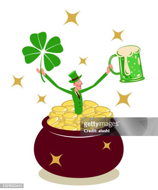 glücklicher geschäftsmann mit grünem anzug und zylinder (saint patrick's day kostüm), der in einen topf (krug) voller geld springt und ein bierglas hebt, um an einem feierlichen toast teilzunehmen - ehemalige irische währung stock-grafiken, -clipart, -cartoons und -symbole