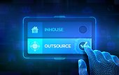 Outsource or inhouse choice concept. Making decision. Outsourcing Global recruitment. Human Resources. Hand on virtual touch screen ticking the check mark on outsource button. Vector illustration.
