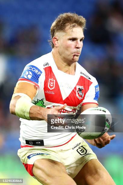 Jack De Belin of the Dragons passes during the round 18 NRL match between the Manly Sea Eagles and the St George Illawarra Dragons at Cbus Super...