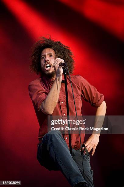 Zack de la Rocha of American rock band Rage Against The Machine, live on stage at Download Festival, June 12 Donington Park.