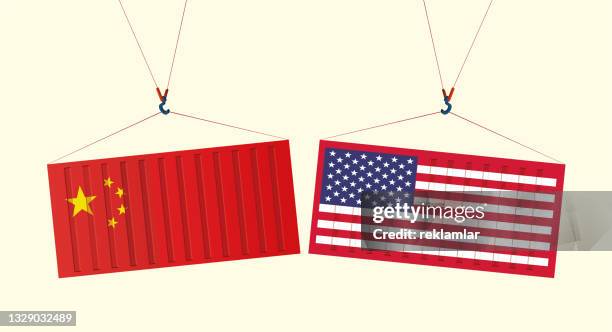 two big political country flags suspended and in balance. vector political symbol hanging on container. concept of relationship between america and china. international equality, comparison and politics illustration. - 貿易戰 幅插畫檔、美工圖案、卡通及圖標