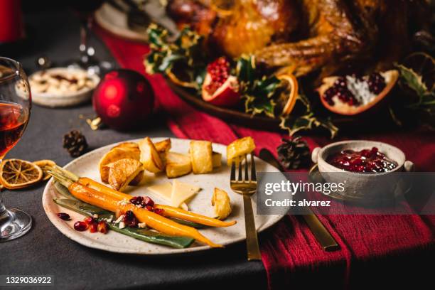 unfinished christmas meal - leftover stockfoto's en -beelden