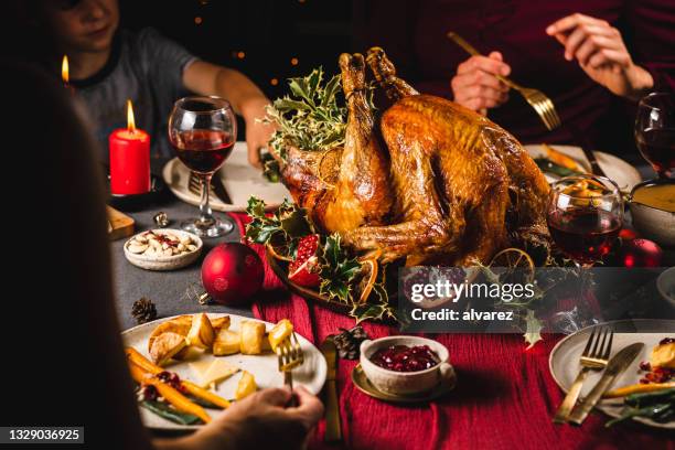 family having christmas dinner - christmas food stockfoto's en -beelden